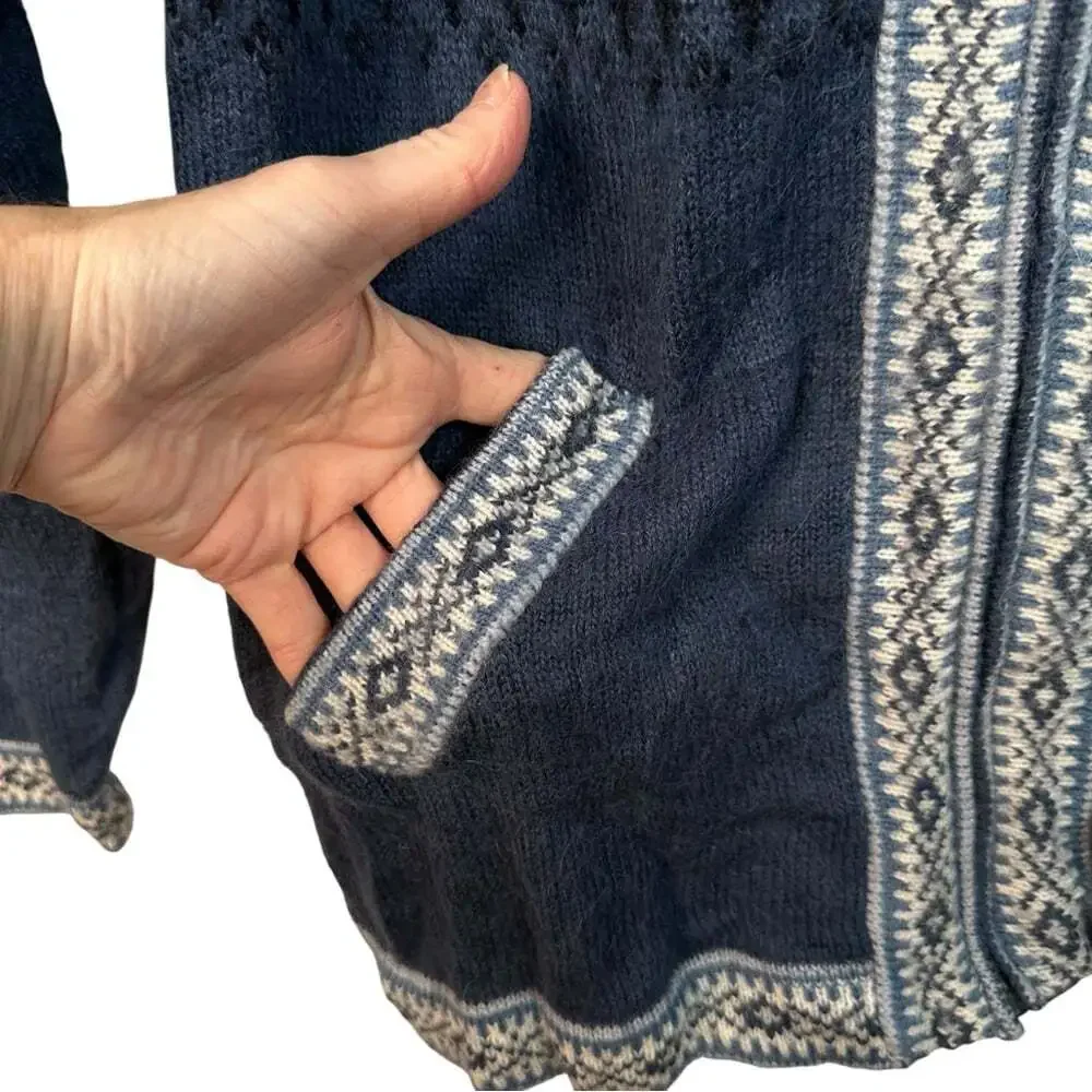 Alpaca Connection Peru Alpaca Cardigan Blue Fair Isle Cabincore Winter Large